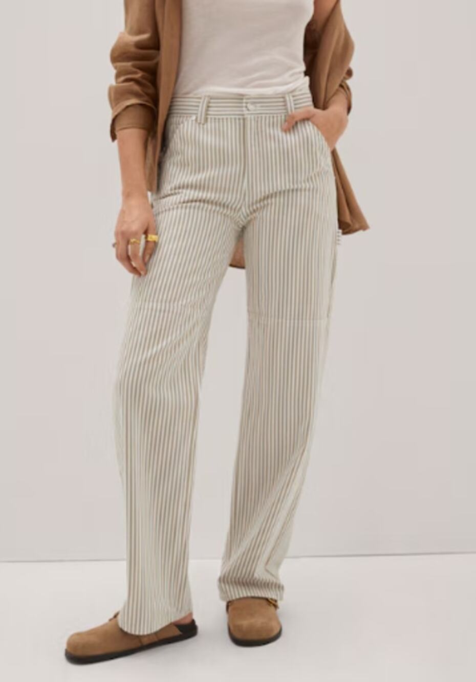 NEW MNG Mango Beige White Striped Straight Carpenter Cargo Trousers Pants Size 2